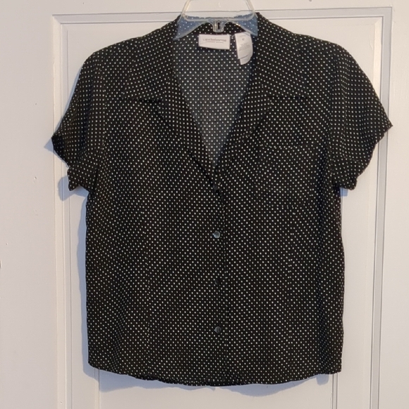 Liz Claiborne Retro Black White Polka Dot Blouse Short Sleeve Camp Button Down - Picture 2 of 4